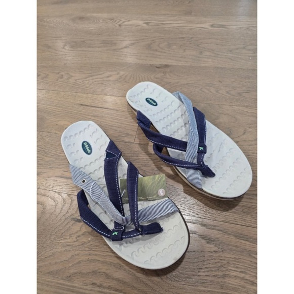 Dr Scholls‎ Womens Sandals Flip Flops Navy White Striped Straps Comfort Size 8M